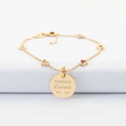 Clearance HappyBulle Bracelet chaîne coeurs ajourés et email personnalisé médaille gravée plaqué or 15 mm
