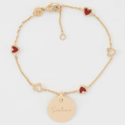 Clearance HappyBulle Bracelet chaîne coeurs ajourés et email personnalisé médaille gravée plaqué or 15 mm