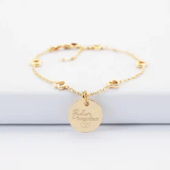 Clearance HappyBulle Bracelet chaîne coeurs ajourés Mariée personnalisé médaille gravée plaqué or 15 mm Plaqué or 18k