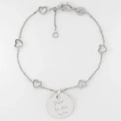 Hot HappyBulle Bracelet chaîne coeurs ajourés Mariée personnalisé médaille gravée argent 15 mm Argent rhodié 925