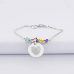 Outlet HappyBulle Bracelet chaîne enfant cœur email multicolore personnalisé médaille gravée argent 15 mm Argent rhodié 925