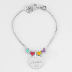 Outlet HappyBulle Bracelet chaîne enfant cœur email multicolore personnalisé médaille gravée argent 15 mm Argent rhodié 925