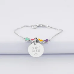 Outlet HappyBulle Bracelet chaîne enfant cœur email multicolore personnalisé médaille gravée argent 15 mm Argent rhodié 925