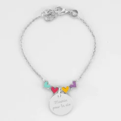 Outlet HappyBulle Bracelet chaîne enfant cœur email multicolore personnalisé médaille gravée argent 15 mm Argent rhodié 925