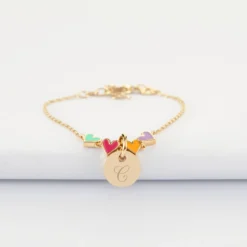 Sale HappyBulle Bracelet chaîne enfant cœur email multicolore personnalisé médaille gravée plaqué or 10 mm Plaqué or 18k
