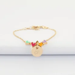 Sale HappyBulle Bracelet chaîne enfant cœur email multicolore personnalisé médaille gravée plaqué or 10 mm Plaqué or 18k