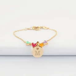 Sale HappyBulle Bracelet chaîne enfant cœur email multicolore personnalisé médaille gravée plaqué or 10 mm Plaqué or 18k