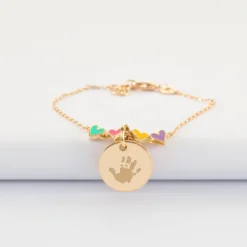 Best HappyBulle Bracelet chaîne enfant cœur email multicolore personnalisé médaille gravée plaqué or 15 mm Plaqué or 18k