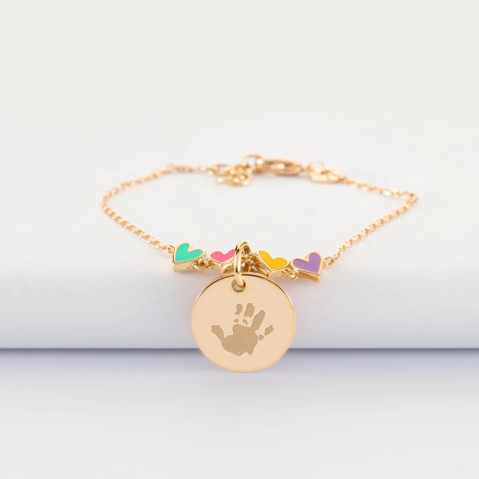 Best HappyBulle Bracelet chaîne enfant cœur email multicolore personnalisé médaille gravée plaqué or 15 mm Plaqué or 18k