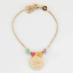 Best HappyBulle Bracelet chaîne enfant cœur email multicolore personnalisé médaille gravée plaqué or 15 mm Plaqué or 18k