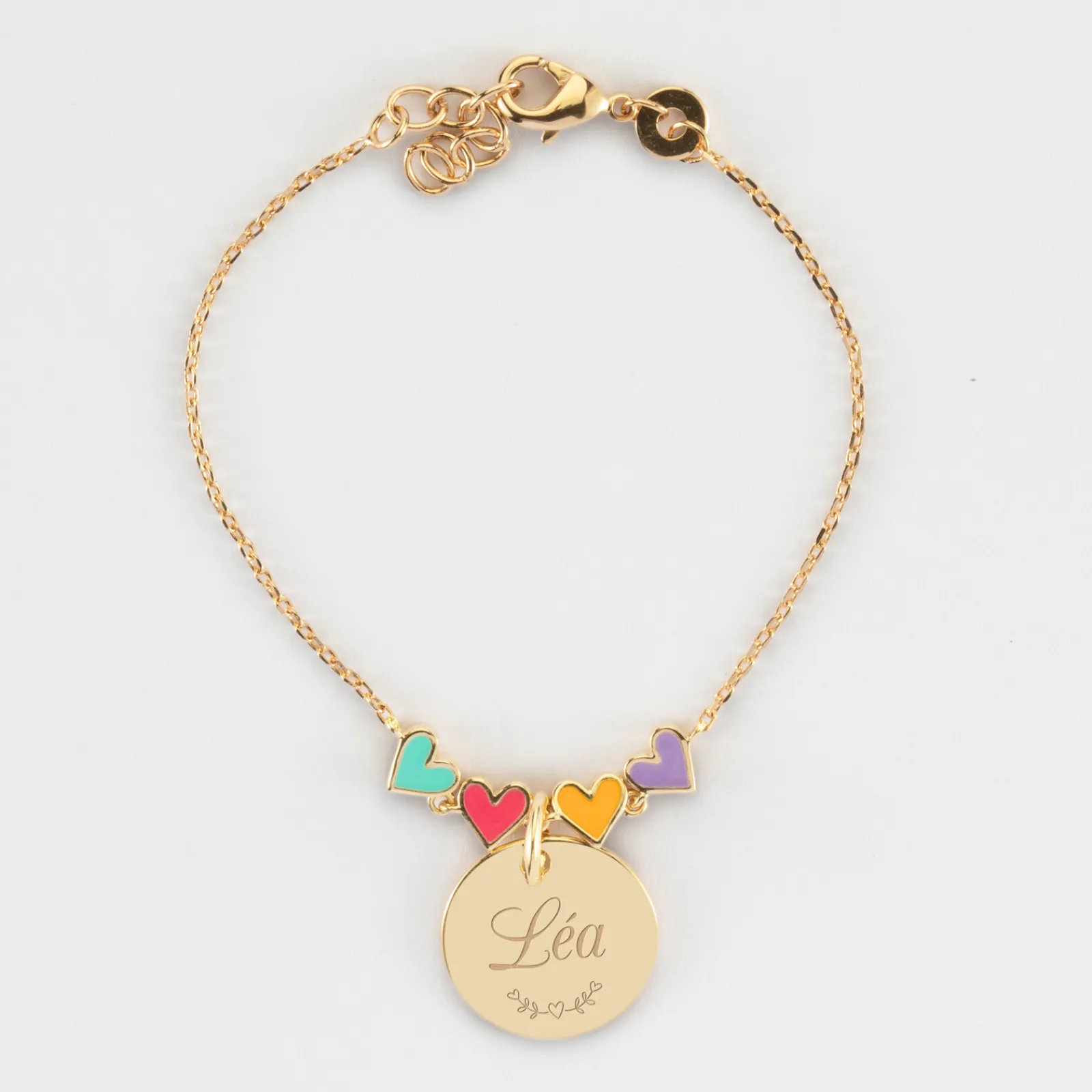 Best HappyBulle Bracelet chaîne enfant cœur email multicolore personnalisé médaille gravée plaqué or 15 mm Plaqué or 18k