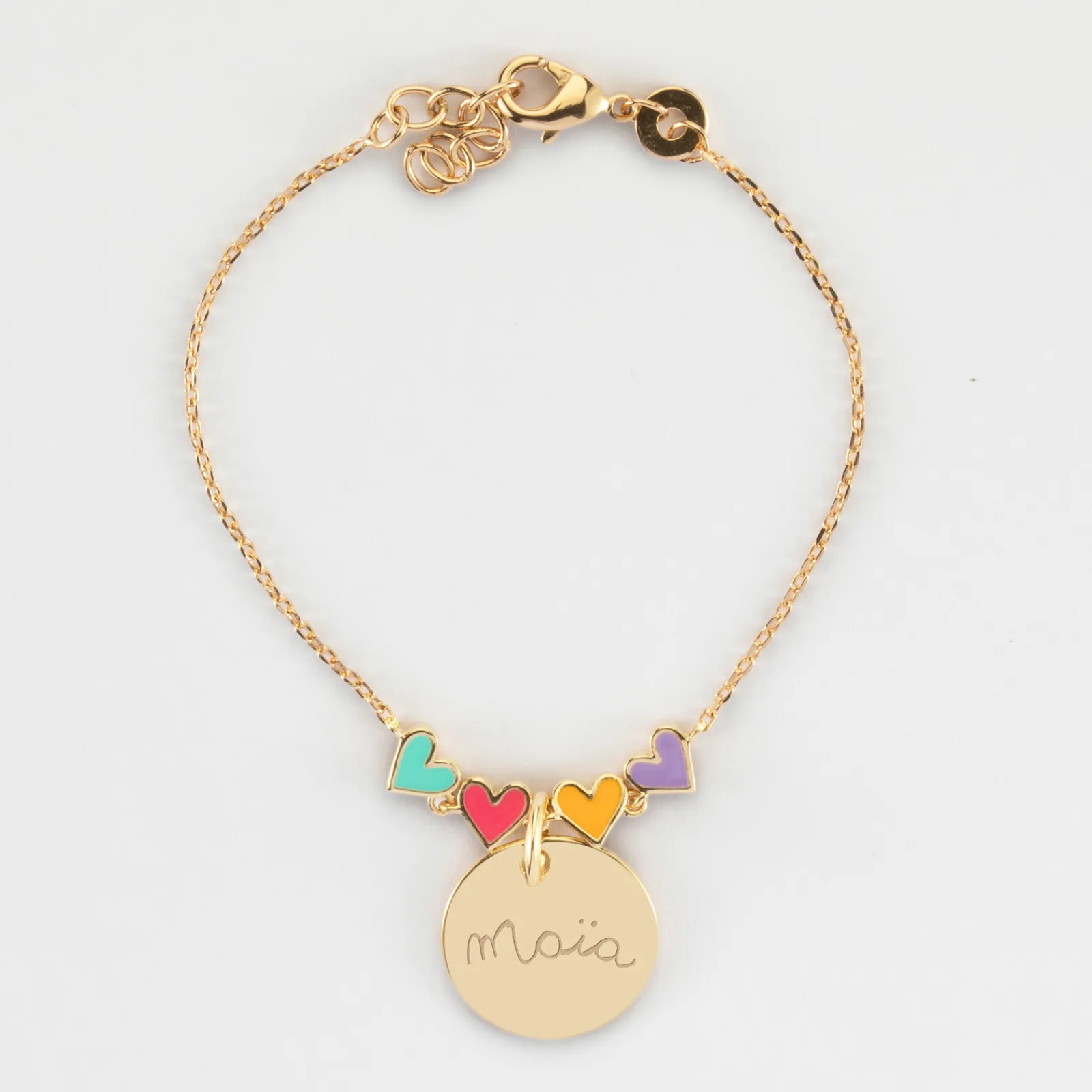 Best HappyBulle Bracelet chaîne enfant cœur email multicolore personnalisé médaille gravée plaqué or 15 mm Plaqué or 18k