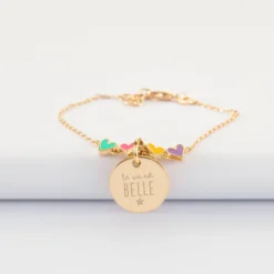 Best HappyBulle Bracelet chaîne enfant cœur email multicolore personnalisé médaille gravée plaqué or 15 mm Plaqué or 18k