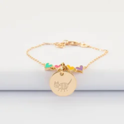 Best HappyBulle Bracelet chaîne enfant cœur email multicolore personnalisé médaille gravée plaqué or 15 mm Plaqué or 18k