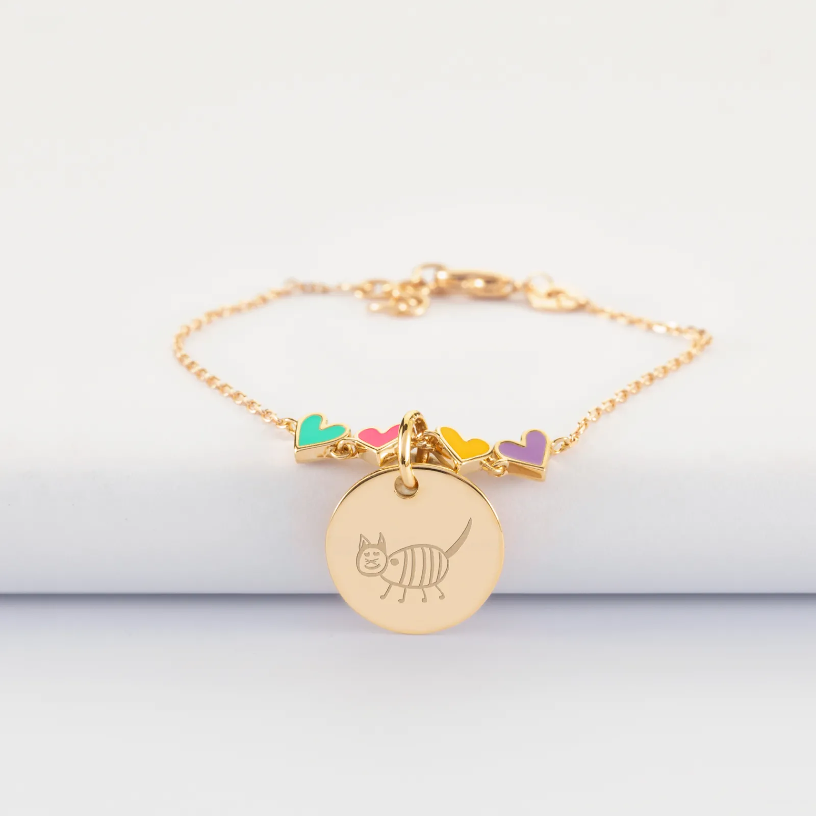 Best HappyBulle Bracelet chaîne enfant cœur email multicolore personnalisé médaille gravée plaqué or 15 mm Plaqué or 18k