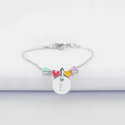 Best HappyBulle Bracelet chaîne enfant cœur email multicolore personnalisé médaille gravée argent 10 mm Argent rhodié 925