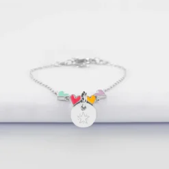 Best HappyBulle Bracelet chaîne enfant cœur email multicolore personnalisé médaille gravée argent 10 mm Argent rhodié 925