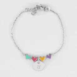 Best HappyBulle Bracelet chaîne enfant cœur email multicolore personnalisé médaille gravée argent 10 mm Argent rhodié 925