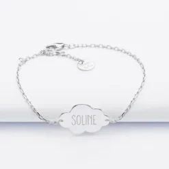 Best HappyBulle Bracelet chaîne enfant personnalisé médaille gravée argent nuage 2 trous 20x14 mm Argent rhodié 925