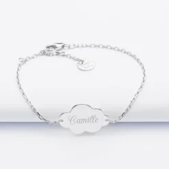 Best HappyBulle Bracelet chaîne enfant personnalisé médaille gravée argent nuage 2 trous 20x14 mm Argent rhodié 925