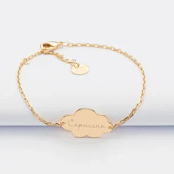 Clearance HappyBulle Bracelet chaîne enfant personnalisé médaille gravée plaqué or nuage 2 trous 20x14 mm Plaqué or 18k