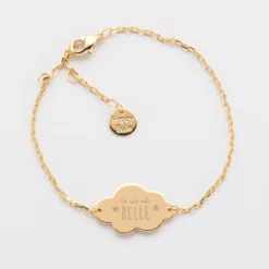 Clearance HappyBulle Bracelet chaîne enfant personnalisé médaille gravée plaqué or nuage 2 trous 20x14 mm Plaqué or 18k