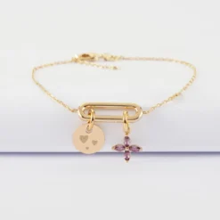 HappyBulle Bracelet chaîne ovale ouvert personnalisé médaille gravée plaqué or 10 mm et breloque fleur pétales zircons 10 mm
