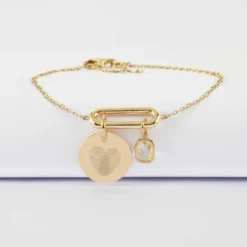 Outlet HappyBulle Bracelet chaîne ovale ouvert personnalisé médaille gravée plaqué or 15 mm et breloque rectangle zircon plaqué or 9 mm