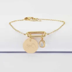 Outlet HappyBulle Bracelet chaîne ovale ouvert personnalisé médaille gravée plaqué or 15 mm et breloque rectangle zircon plaqué or 9 mm