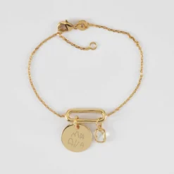 Outlet HappyBulle Bracelet chaîne ovale ouvert personnalisé médaille gravée plaqué or 15 mm et breloque rectangle zircon plaqué or 9 mm
