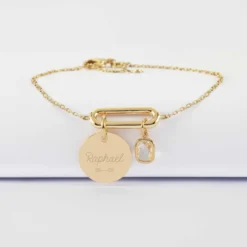 Outlet HappyBulle Bracelet chaîne ovale ouvert personnalisé médaille gravée plaqué or 15 mm et breloque rectangle zircon plaqué or 9 mm