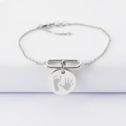 HappyBulle Bracelet chaîne ovale ouvert personnalisé médaille gravée argent 15 mm Argent rhodié 925