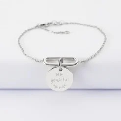 HappyBulle Bracelet chaîne ovale ouvert personnalisé médaille gravée argent 15 mm Argent rhodié 925