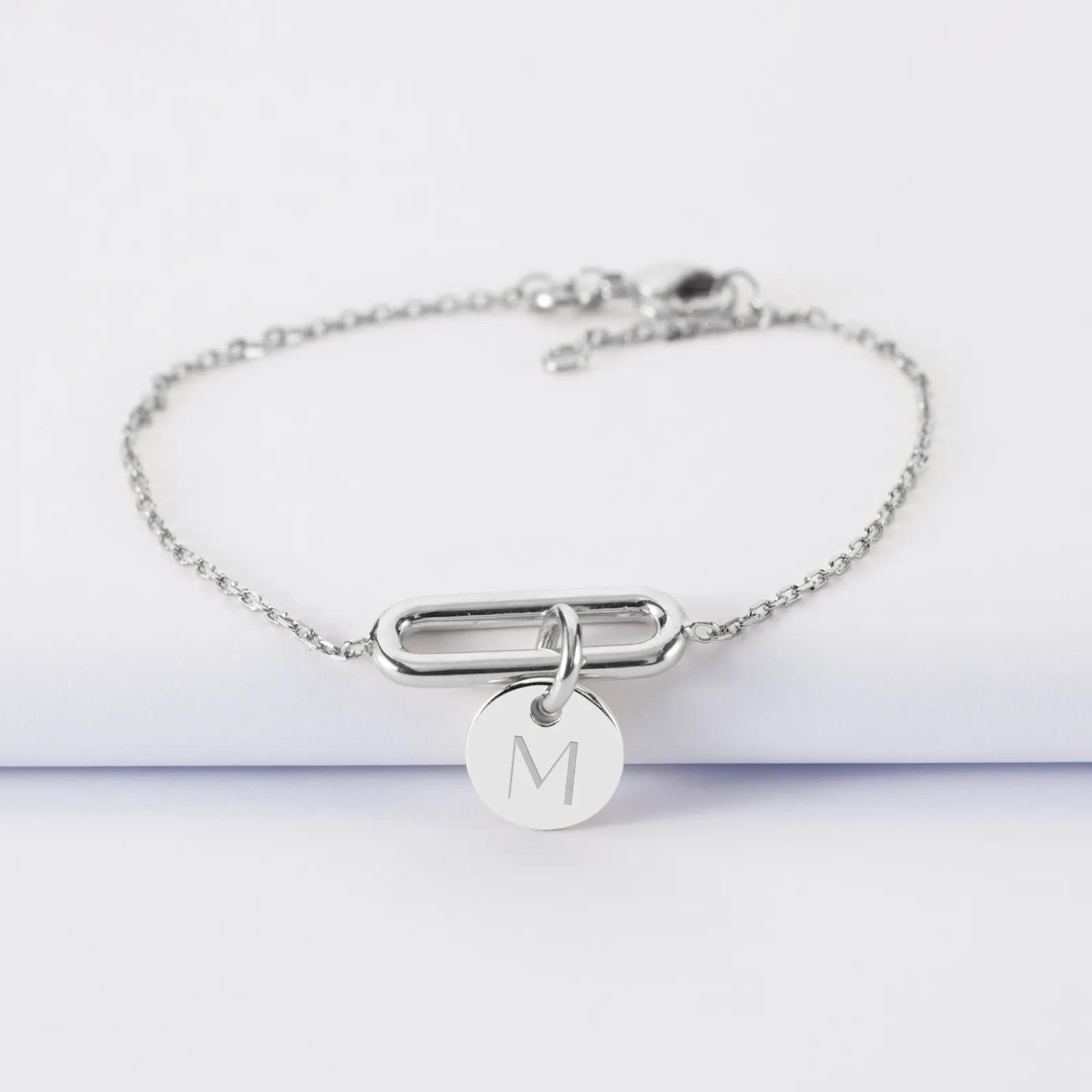 New HappyBulle Bracelet chaîne ovale ouvert personnalisé médaille gravée argent 10 mm Argent rhodié 925