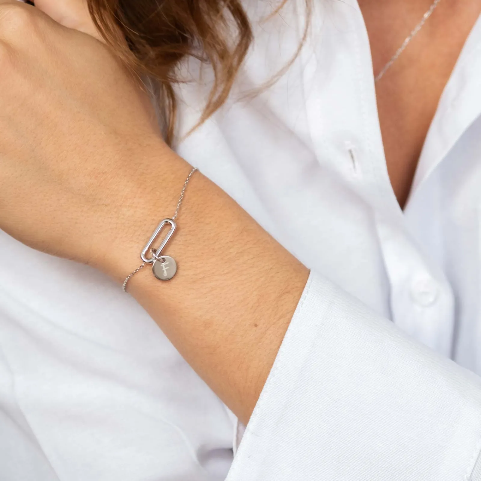 New HappyBulle Bracelet chaîne ovale ouvert personnalisé médaille gravée argent 10 mm Argent rhodié 925