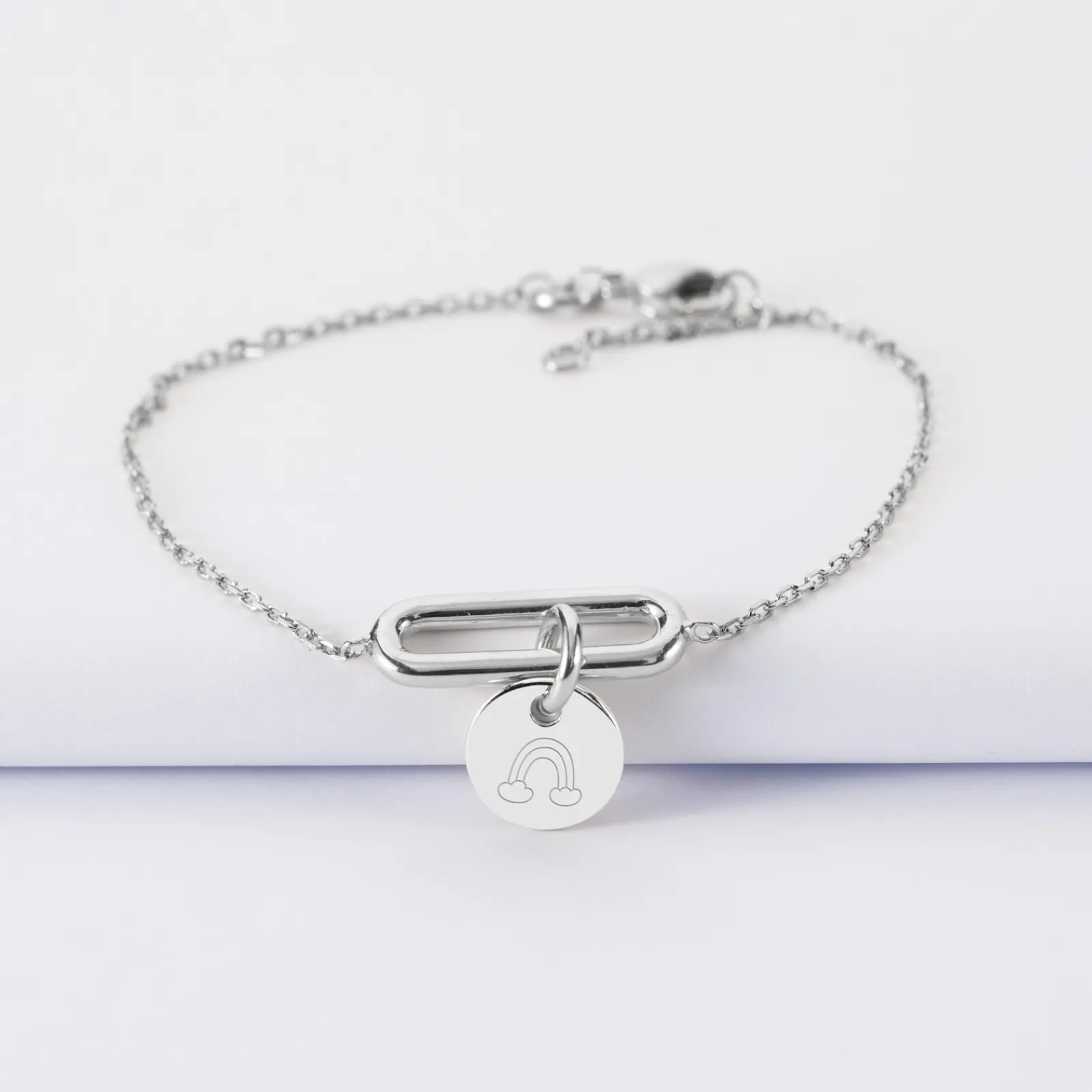 New HappyBulle Bracelet chaîne ovale ouvert personnalisé médaille gravée argent 10 mm Argent rhodié 925