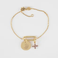 Best HappyBulle Bracelet chaîne ovale ouvert personnalisé médaille gravée plaqué or 15 mm et breloque fleur pétales zircons 10 mm
