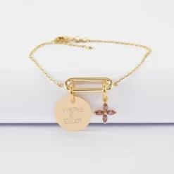 Best HappyBulle Bracelet chaîne ovale ouvert personnalisé médaille gravée plaqué or 15 mm et breloque fleur pétales zircons 10 mm