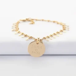Best HappyBulle Bracelet chaîne pampilles personnalisé médaille gravée plaqué or 15 mm Plaqué or 18k