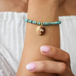 Discount HappyBulle Bracelet chaîne perles personnalisé médaille gravée plaqué or ronde 15 mm