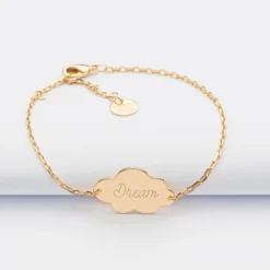 New HappyBulle Bracelet chaîne personnalisé médaille gravée plaqué or nuage 2 trous 20x14 mm Plaqué or 18k