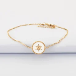 Outlet HappyBulle Bracelet chaîne personnalisé médaille gravée plaqué or initiale soleil 12 mm Email blanc