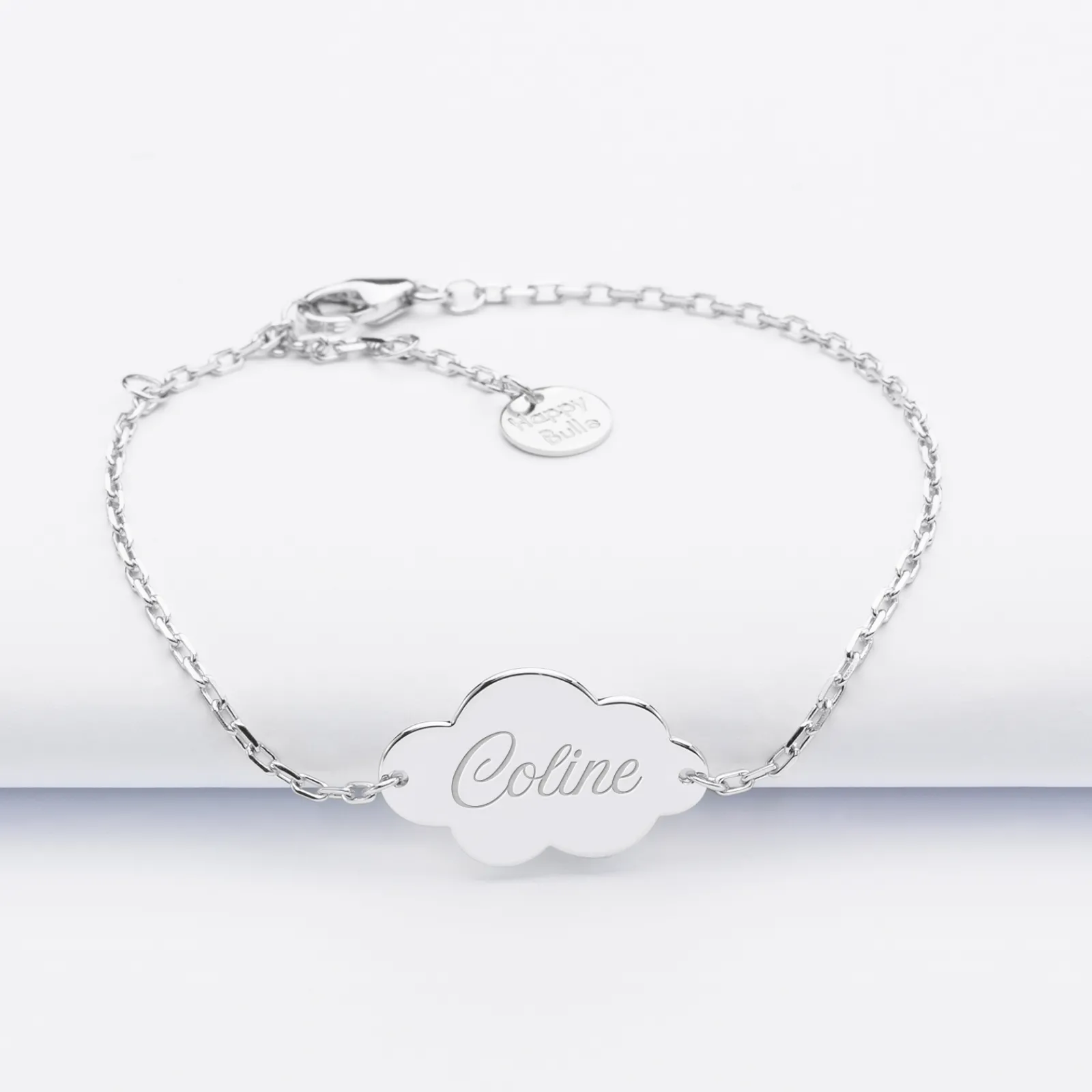 Outlet HappyBulle Bracelet chaîne personnalisé médaille gravée argent nuage 2 trous 20x14 mm Argent rhodié 925