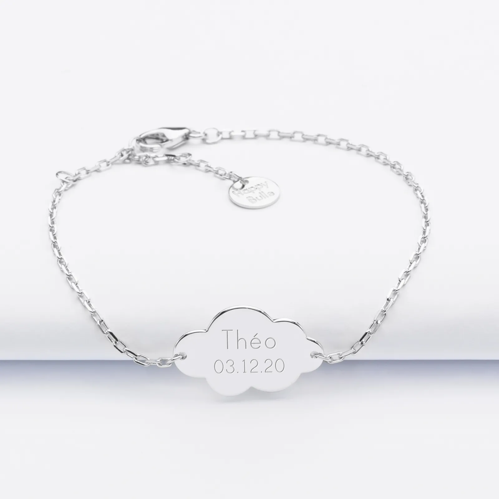 Outlet HappyBulle Bracelet chaîne personnalisé médaille gravée argent nuage 2 trous 20x14 mm Argent rhodié 925