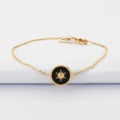 Discount HappyBulle Bracelet chaîne personnalisé médaille gravée plaqué or initiale soleil 12 mm Email noir
