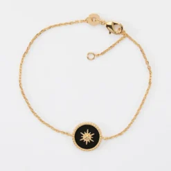 Discount HappyBulle Bracelet chaîne personnalisé médaille gravée plaqué or initiale soleil 12 mm Email noir