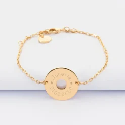 HappyBulle Bracelet chaîne personnalisé médaille gravée plaqué or cible 2 trous 18 mm Plaqué or 18k