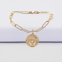 Online HappyBulle Bracelet chaîne personnalisé petites mailles médaille Lune zircons crépuscule gravée plaqué or 16 mm