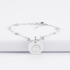 HappyBulle Bracelet chaîne scintillant personnalisé médaille gravée argent 15 mm Argent rhodié 925