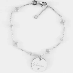 HappyBulle Bracelet chaîne scintillant personnalisé médaille gravée argent 15 mm Argent rhodié 925